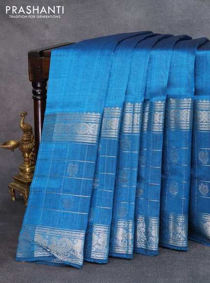 Mangalgiri silk cotton saree cs blue with plain body and long silver zari checked border