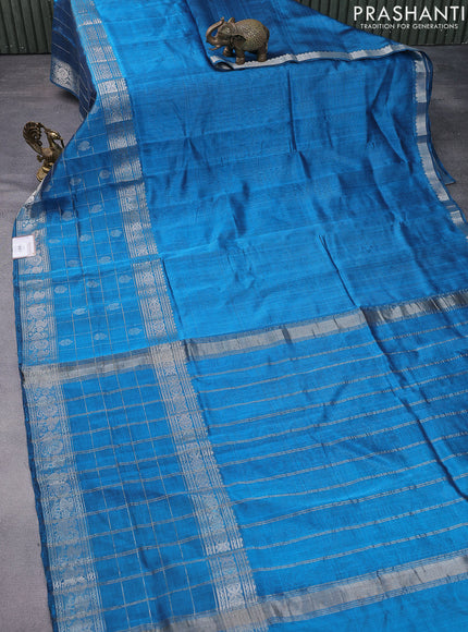 Mangalgiri silk cotton saree cs blue with plain body and long silver zari checked border