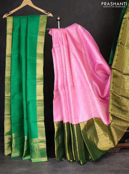 Pure kanchipuram silk lehenga light pink and green with allover zari woven floral brocade weaves and long rich zari woven border