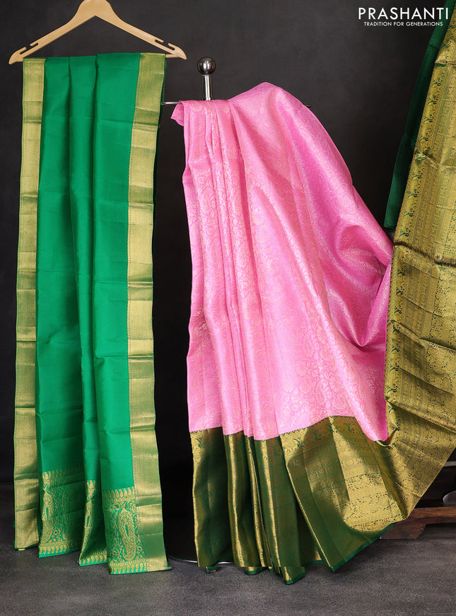 Pure kanchipuram silk lehenga light pink and green with allover zari woven floral brocade weaves and long rich zari woven border