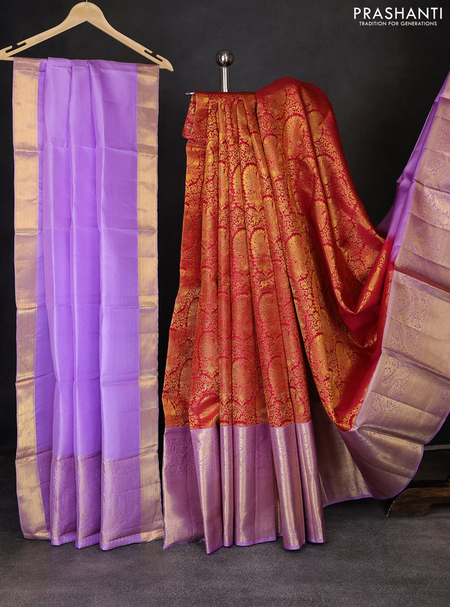 Pure kanchipuram silk lehenga red and lavender with allover zari woven broacde weaves and long rich zari woven border