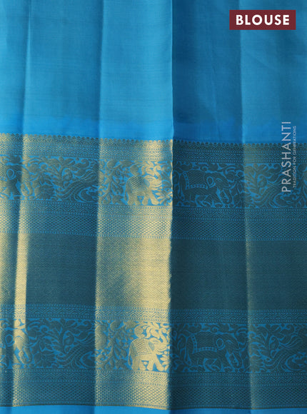 Pure kanchipuram silk lehenga yellow and teal blue with allover zari woven brocade weaves and long rich zari woven border