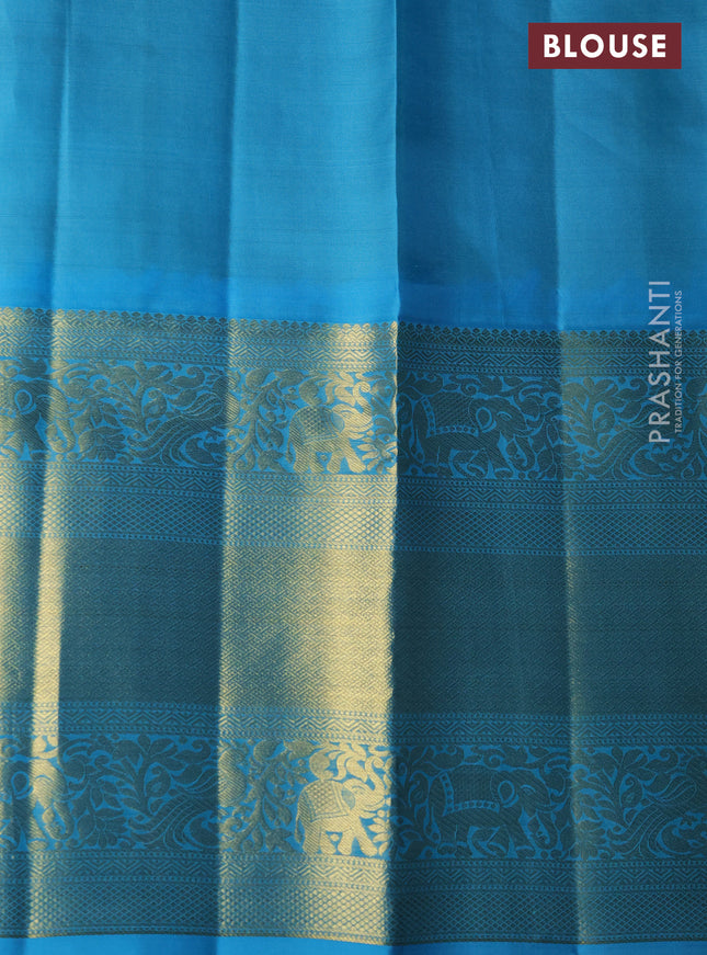 Pure kanchipuram silk lehenga yellow and teal blue with allover zari woven brocade weaves and long rich zari woven border