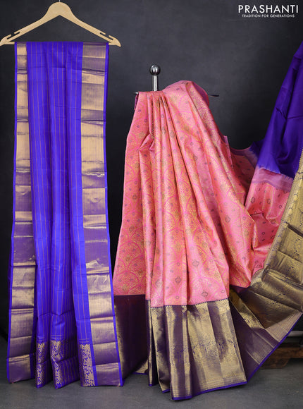 Pure kanchipuram silk lehenga light pink and blue with allover zari woven brocade weaves and long rich zari woven border