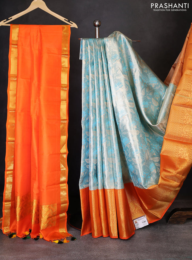 Pure kanchipuram tissue silk lehenga light blue and orange with allover zari woven floral brocade weaves and long zari woven border