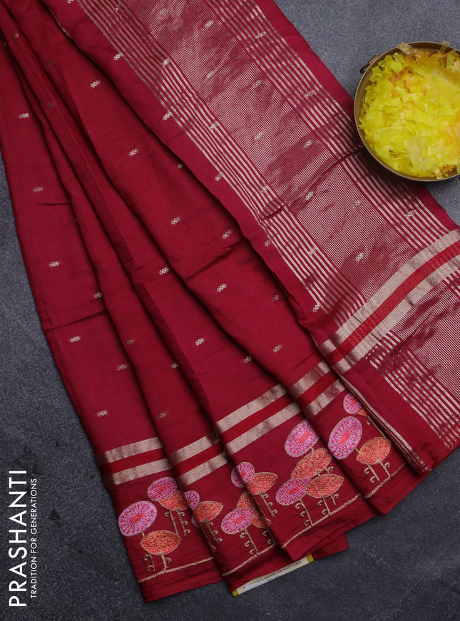 Semi chanderi saree Maroon with zari buttas and embroidery border