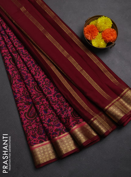 Semi mysore silk saree peach pink and maroon with allover prints and small zari woven border