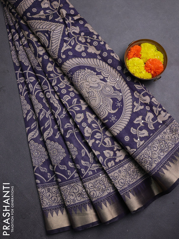 Semi tussar saree greyish blue and beige with allover prints & kantha stitch work and zari woven border
