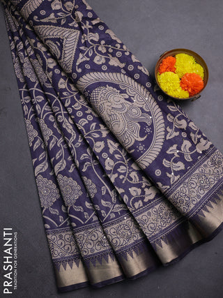 Semi tussar saree greyish blue and beige with allover prints & kantha stitch work and zari woven border