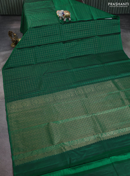 Pure kanchipuram silk saree green with allover zari checked pattern in borderless style