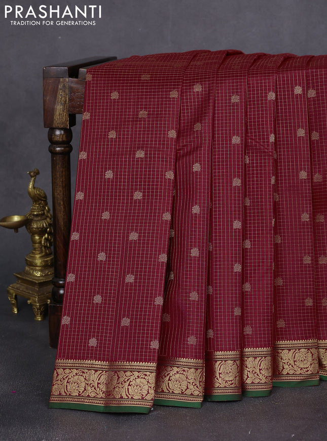 Pure kanchipuram silk saree deep maroon and green with allover zari checks & buttas and temple zari woven border