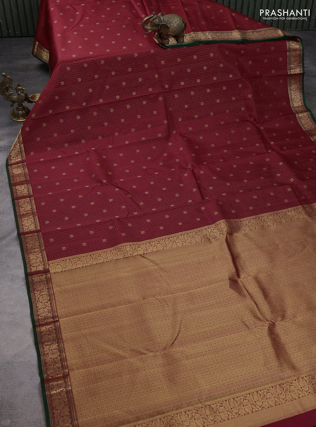 Pure kanchipuram silk saree deep maroon and green with allover zari checks & buttas and temple zari woven border