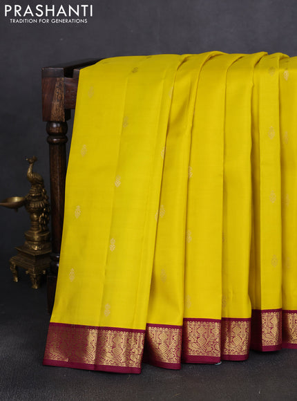 Pure kanchipuram silk saree lime yellow and maroon with zari woven buttas and zari woven border