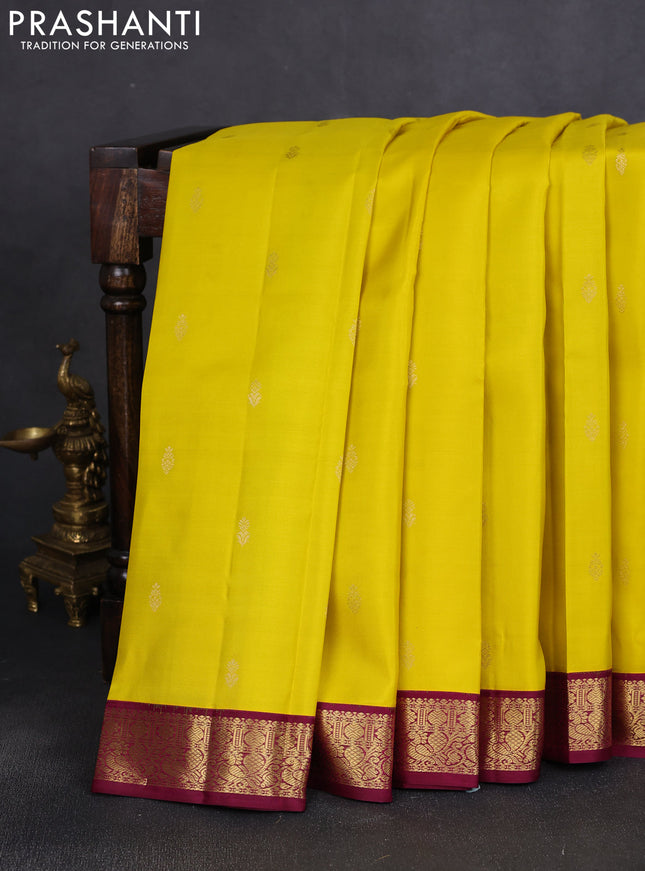 Pure kanchipuram silk saree lime yellow and maroon with zari woven buttas and zari woven border