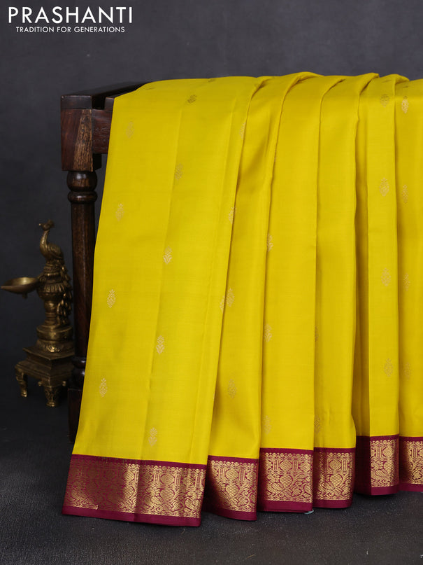 Pure kanchipuram silk saree lime yellow and maroon with zari woven buttas and zari woven border