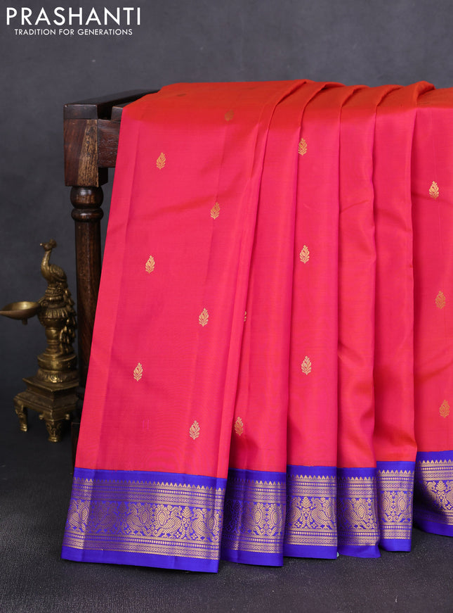 Pure kanchipuram silk saree dual shade of pink and blue with zari woven buttas and annam zari wioven border
