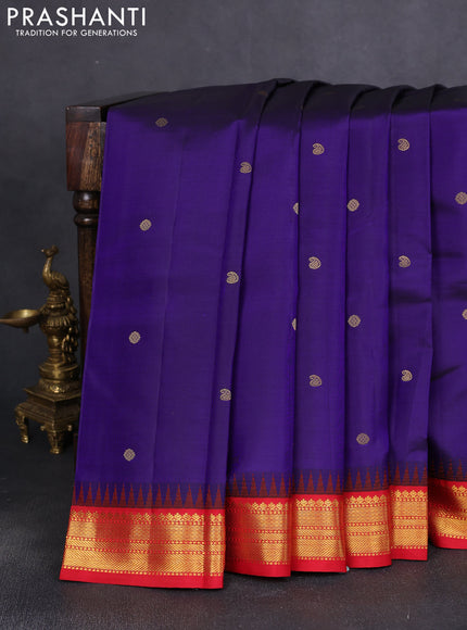 Pure kanchipuram silk saree blue and red with zari woven buttas and temple design zari woven border