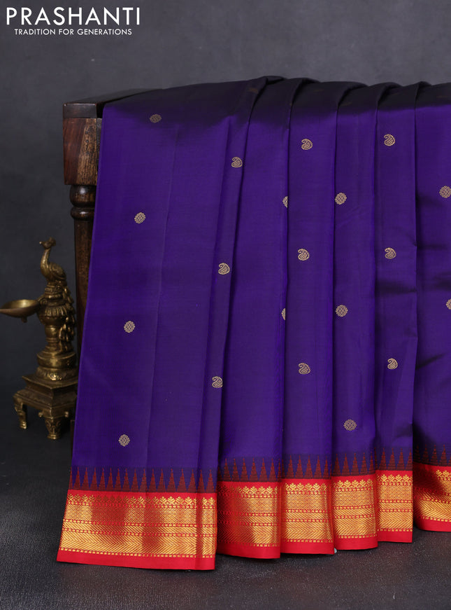 Pure kanchipuram silk saree blue and red with zari woven buttas and temple design zari woven border
