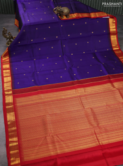 Pure kanchipuram silk saree blue and red with zari woven buttas and temple design zari woven border