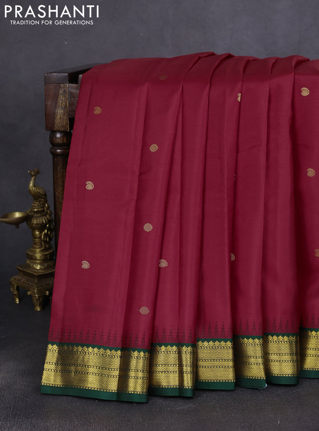 Pure kanchipuram silk saree red and green with zari woven buttas and temple design zari woven border