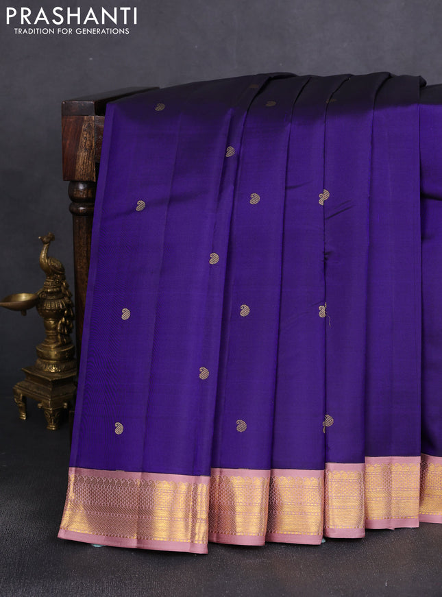 Pure kanchipuram silk saree blue and pastel pink with paisley zari woven buttas and zari woven border