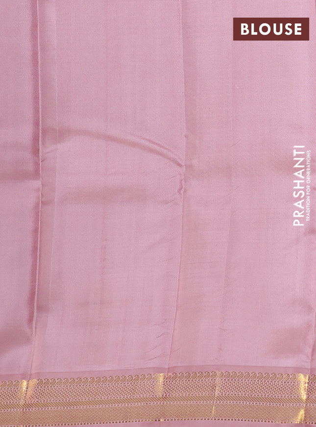 Pure kanchipuram silk saree blue and pastel pink with paisley zari woven buttas and zari woven border