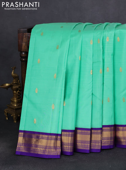 Pure kanchipuram silk saree teal green and blue with zari woven buttas and zari woven korvai border