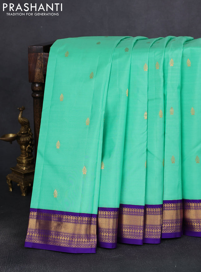 Pure kanchipuram silk saree teal green and blue with zari woven buttas and zari woven korvai border