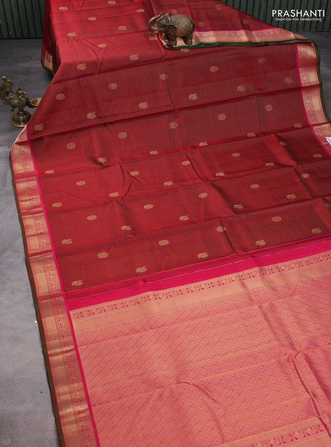 Pure kanchipuram silk saree deep maroon and pink with allover zari weaves & buttas and zari woven border