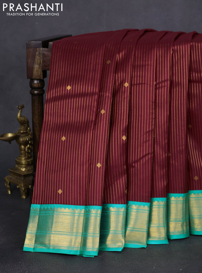 Pure kanchipuram silk saree deep maroon and teal blue with allover zari weaves & buttas and zari woven korvai border