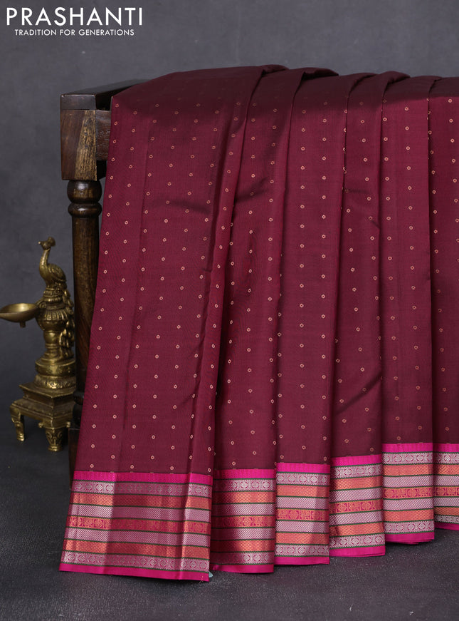 Pure kanchipuram silk saree deep maroon and pink with allover copper zari woven 1000 buttas and zari woven border