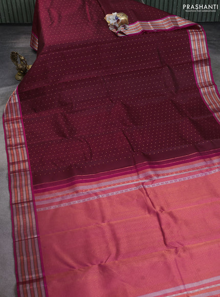 Pure kanchipuram silk saree deep maroon and pink with allover copper zari woven 1000 buttas and zari woven border