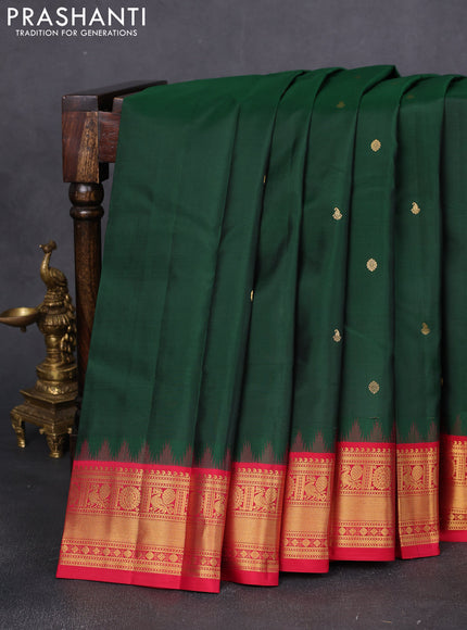 Pure kanchipuram silk saree bottle green and red with zari woven buttas and temple design zari woven border