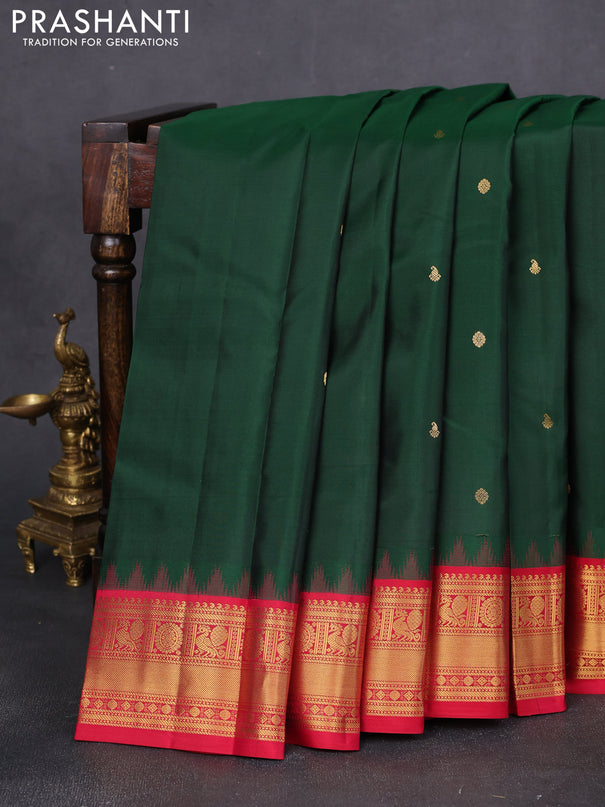 Pure kanchipuram silk saree bottle green and red with zari woven buttas and temple design zari woven border