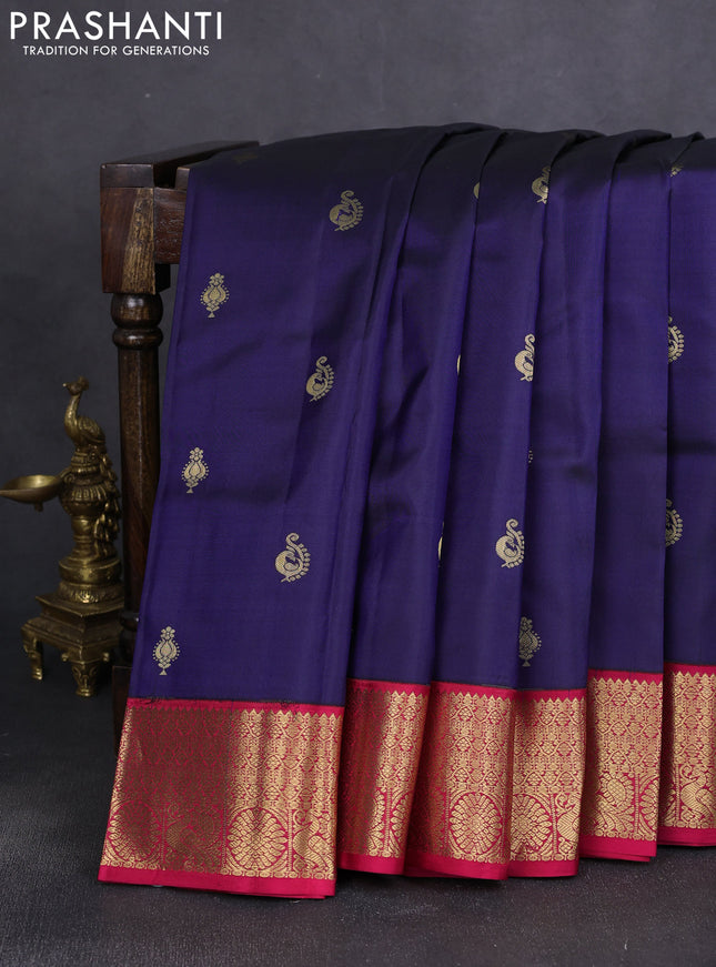 Pure kanchipuram silk saree navy blue and pink with allover zari woven buttas and zari woven korvai border