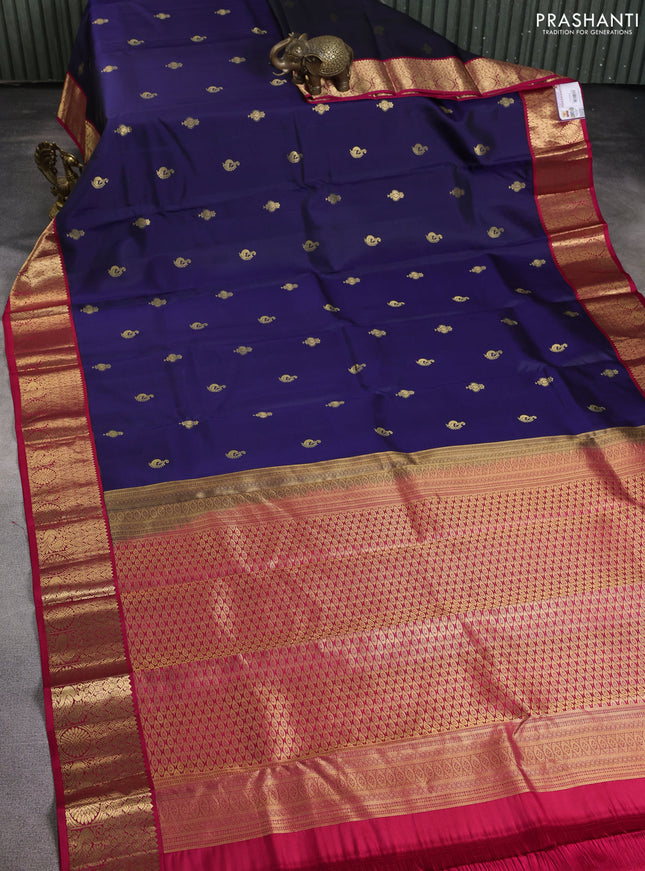 Pure kanchipuram silk saree navy blue and pink with allover zari woven buttas and zari woven korvai border
