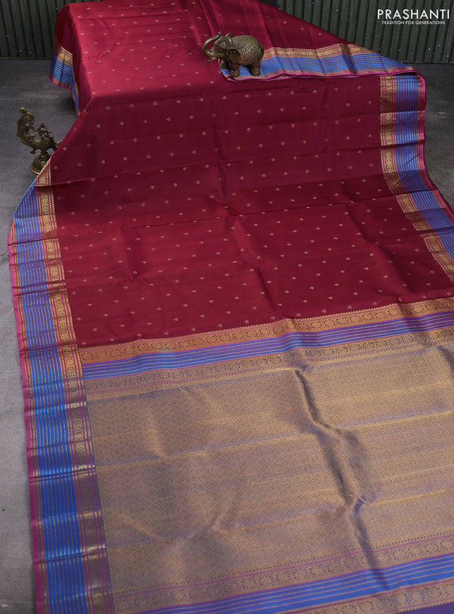 Pure kanchipuram silk saree maroon and teal blue with allover zari woven border and zari woven border