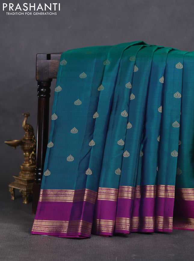 Pure kanchipuram silk saree teal green and purple with zari woven buttas and rettapet zari woven border