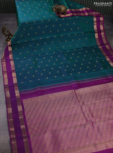 Pure kanchipuram silk saree teal green and purple with zari woven buttas and rettapet zari woven border