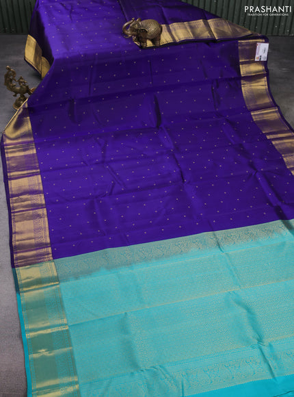 Pure kanchipuram silk saree blue and teal blue shade with allover zari woven buttas and rich zari woven border