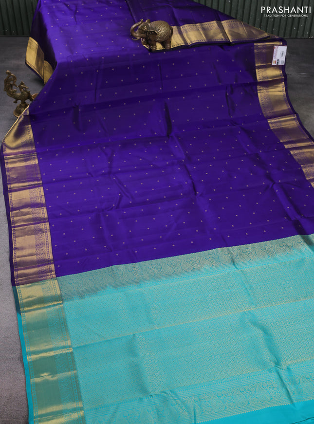 Pure kanchipuram silk saree blue and teal blue shade with allover zari woven buttas and rich zari woven border
