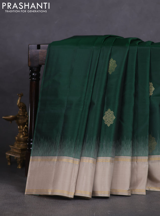 Pure kanchipuram silk saree dark green and elaichi green with zari woven buttas and rettapet zari woven border