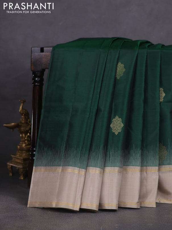 Pure kanchipuram silk saree dark green and elaichi green with zari woven buttas and rettapet zari woven border