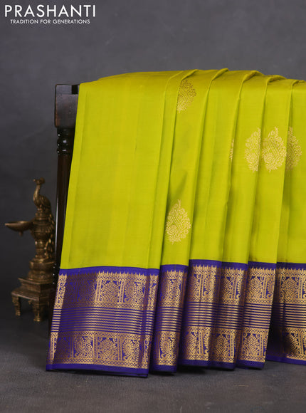 Pure kanchipuram silk saree lime yellow and blue with zari woven buttas and rich zari woven korvai border