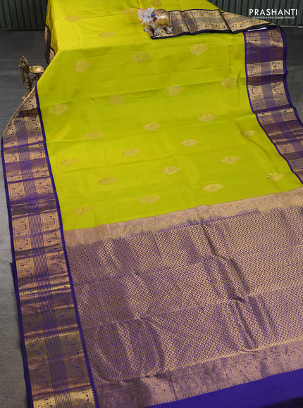 Pure kanchipuram silk saree lime yellow and blue with zari woven buttas and rich zari woven korvai border