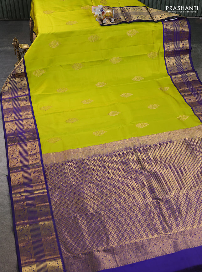 Pure kanchipuram silk saree lime yellow and blue with zari woven buttas and rich zari woven korvai border