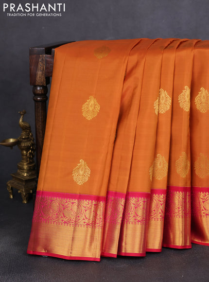 Pure kanchipuram silk saree dark mustard and pink with zari woven buttas and annam zari woven korvai border