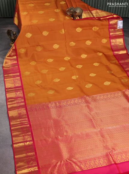 Pure kanchipuram silk saree dark mustard and pink with zari woven buttas and annam zari woven korvai border