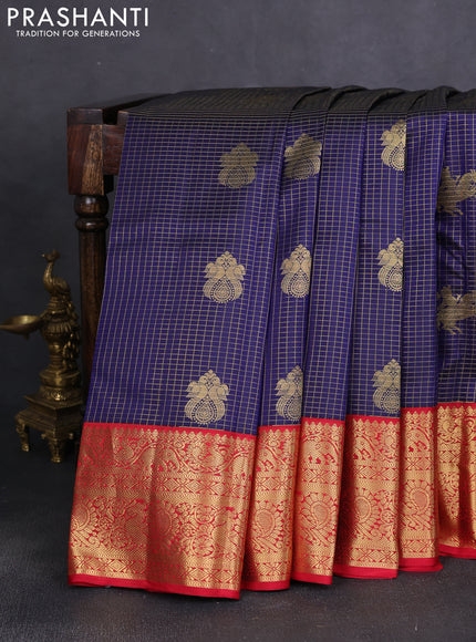 Pure kanchipuram silk saree blue and red with allover zari checks & buttas and rich zari woven korvai border