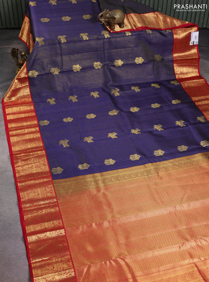 Pure kanchipuram silk saree blue and red with allover zari checks & buttas and rich zari woven korvai border